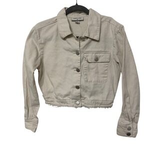 Sandy Liang x Target Cream Cropped Denim Jacket Raw Hem Floral Buttons Size 2